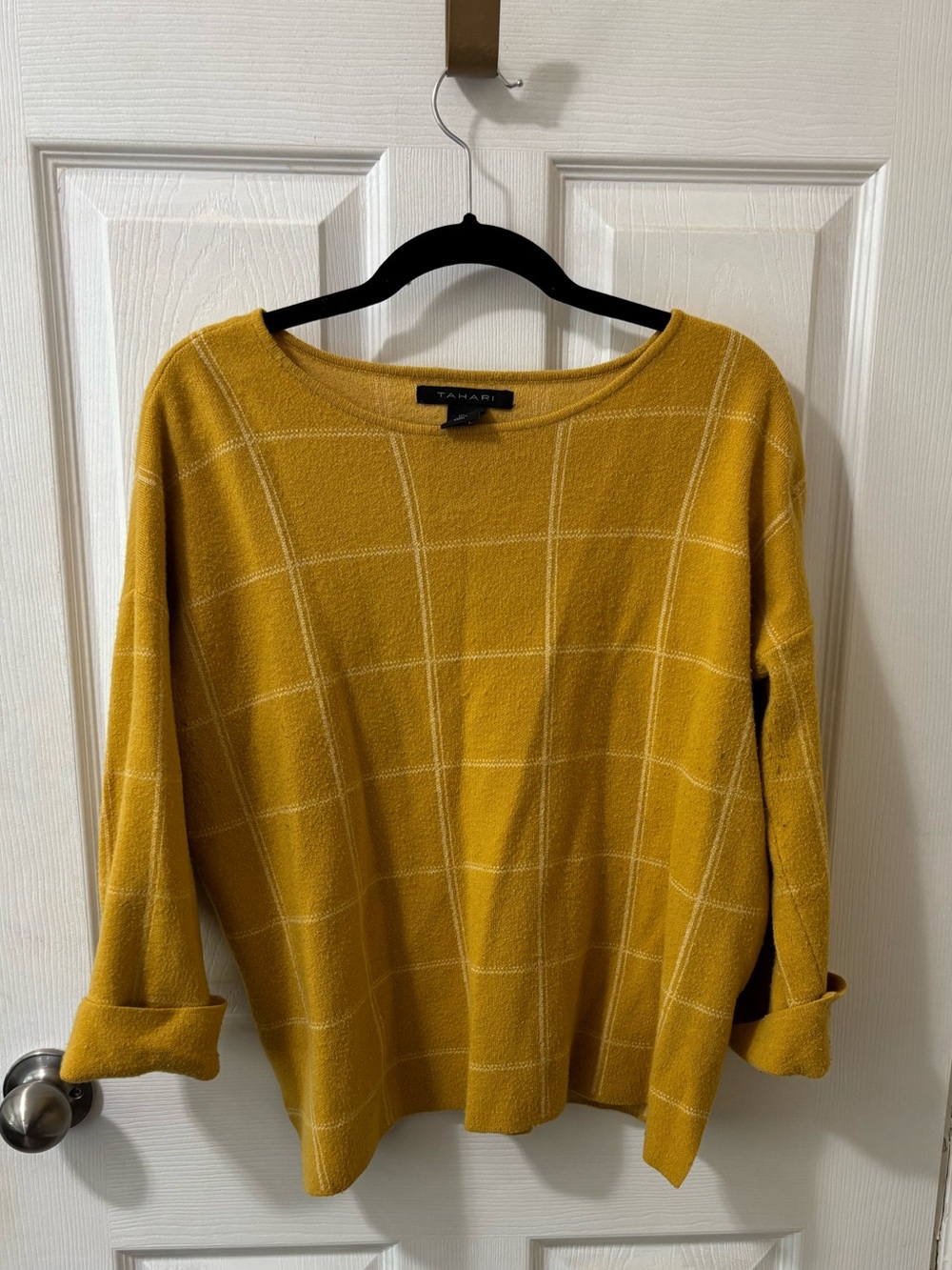 Tahari Mustard Windowpane Scoop Neck Sweater